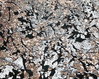 Rose Gold/ White sequins flip two tone camouflage  design on a black stretch velvet, Sold by the yard.