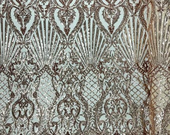 Rose Gold Sequin Mesh Fabric, 4 Way Stretch with Shell Damask Design