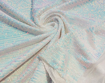 Aqua Iridescent chain shiny sequins design on a white 4 way stretch mesh fabric -prom-sold by the yard.
