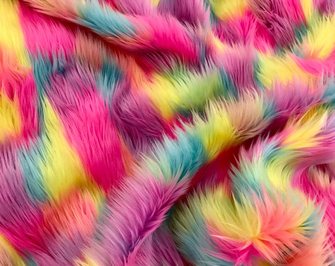 Fuchsia pink multi color tie dyed jacquard faux fun fur-super sofrt shaggy fur-60" wide-apparel-fashion-decorations-jackets-sold by the yard