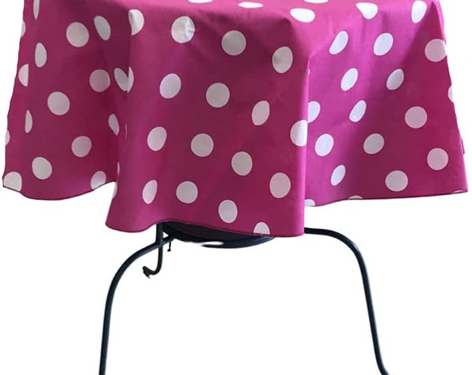 New Creations Fabric & Foam Inc, Round Poly Cotton Print Tablecloth (Polka Dot White on Fuchsia. Choose Size Below