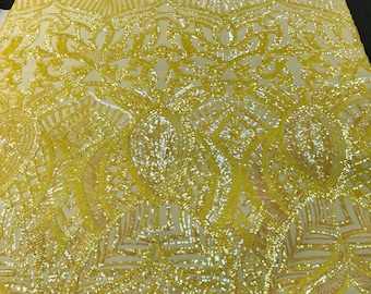 Yellow iridescent royalty design embroidery with sequins on a 4 way stretch mesh-dresses-fashion-prom-nightgown-apparel-sold by the yard.