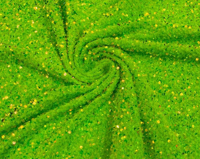 Neon Green Iridescent stretch velvet with luxury sequins all over 5mm shining sequins 2-way stretch, sold by the yard.