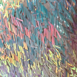 May include: A close-up of iridescent sequins in various shades of blue, pink, and yellow. The sequins are arranged in a random pattern, creating a shimmering and colorful effect.