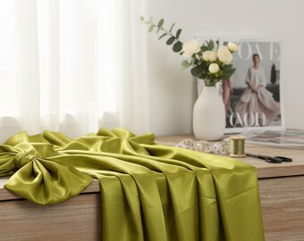 Light Olive Green Glossy Liquid Bridal Satin Fabric, 58” Wide for Prom and Wedding Dresses