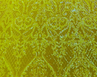 Deluxe damask Neon Yellow iridescent sequin design on 4 way stretch mesh fabric-prom-sold by the yard.