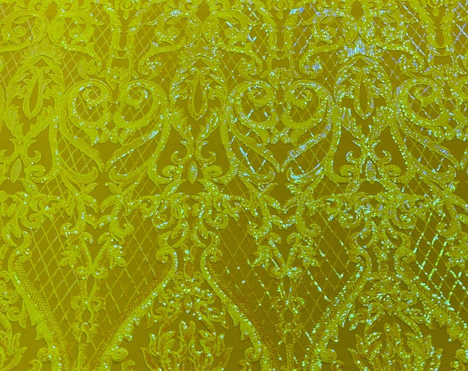 Deluxe damask Neon Yellow iridescent sequin design on 4 way stretch mesh fabric-prom-sold by the yard.