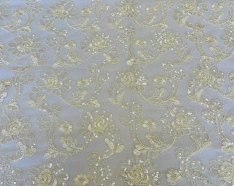 Cream flower lace corded and embroider with sequins on a mesh-prom-nightgown-Sold by the yard.
