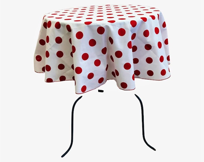 New Creations Fabric & Foam Inc, Round Poly Cotton Print Tablecloth (Polka Dot Red on White. Choose Size Below