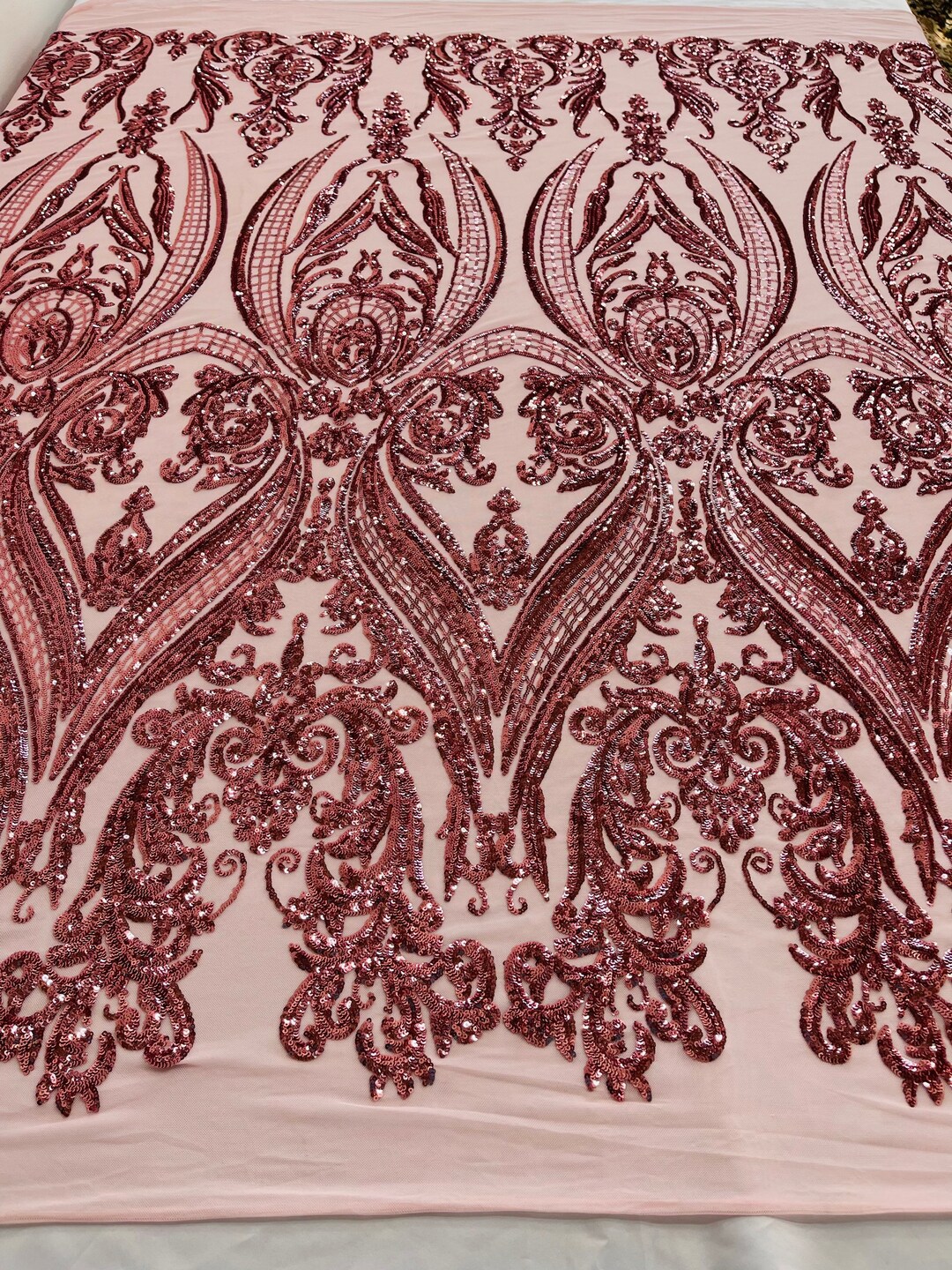 Empire Damask Design with Sequins Embroider On A 4 Way Stretch Mesh Fabric (1 Yard, Silver on White Mesh) main image 1