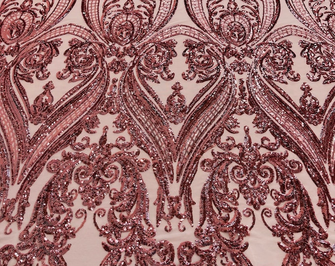 Dusty rose empire damask design with sequins embroider on a pink 4 way stretch mesh fabric-sold by the yard.