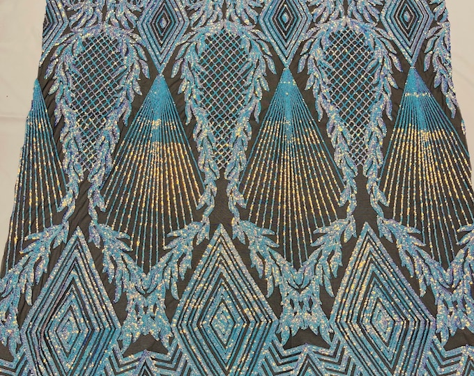 Aqua Blue geometric diamond design with shiny iridescent sequins on a black 4 way stretch mesh-prom-nightgown-sold by the yard-