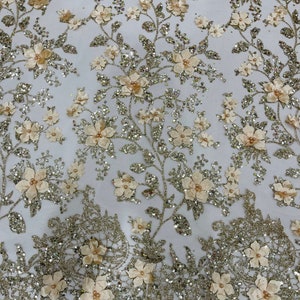 Champagne 3D Princess Satin Flower Glitter Sequin Lace Fabric 54" Wide ...