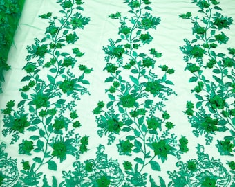 Kelly Green Emily 3d floral design embroider with pearls in a mesh lace-sold by the yard.