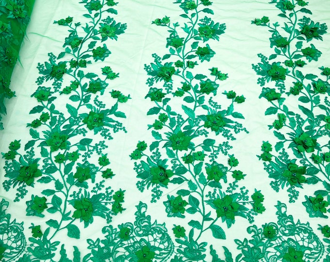 Kelly Green Emily 3d floral design embroider with pearls in a mesh lace-sold by the yard.