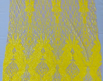 Yellow iridescent damask sequin design on a nude 4 way stretch mesh fabric-prom-sold by the yard.