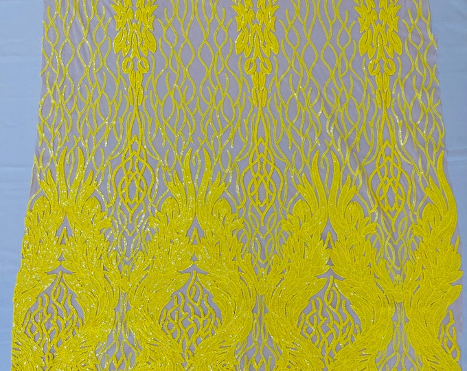 Yellow iridescent damask sequin design on a nude 4 way stretch mesh fabric-prom-sold by the yard.