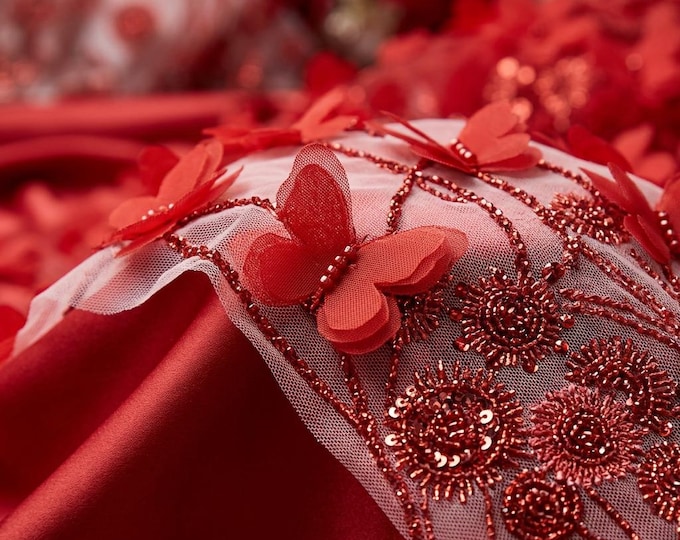 Red 3D Floral Butterfly Lace Fabric by the Yard, Beaded Mesh Lace for Bridal Gown, Prom Dress, Couture Fabric