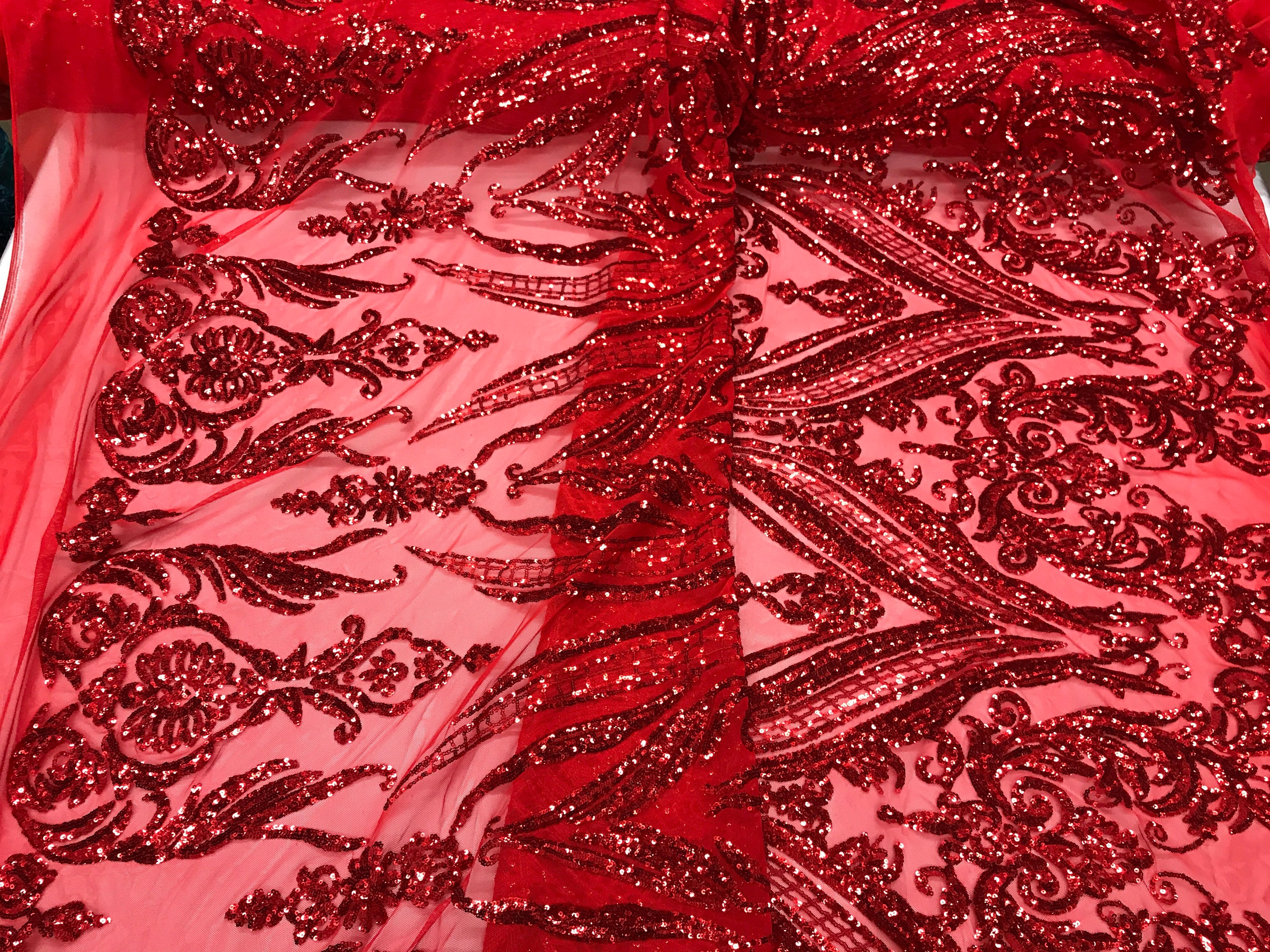 Red empire design with sequins embroider on a 2 way stretch mesh fabric ...