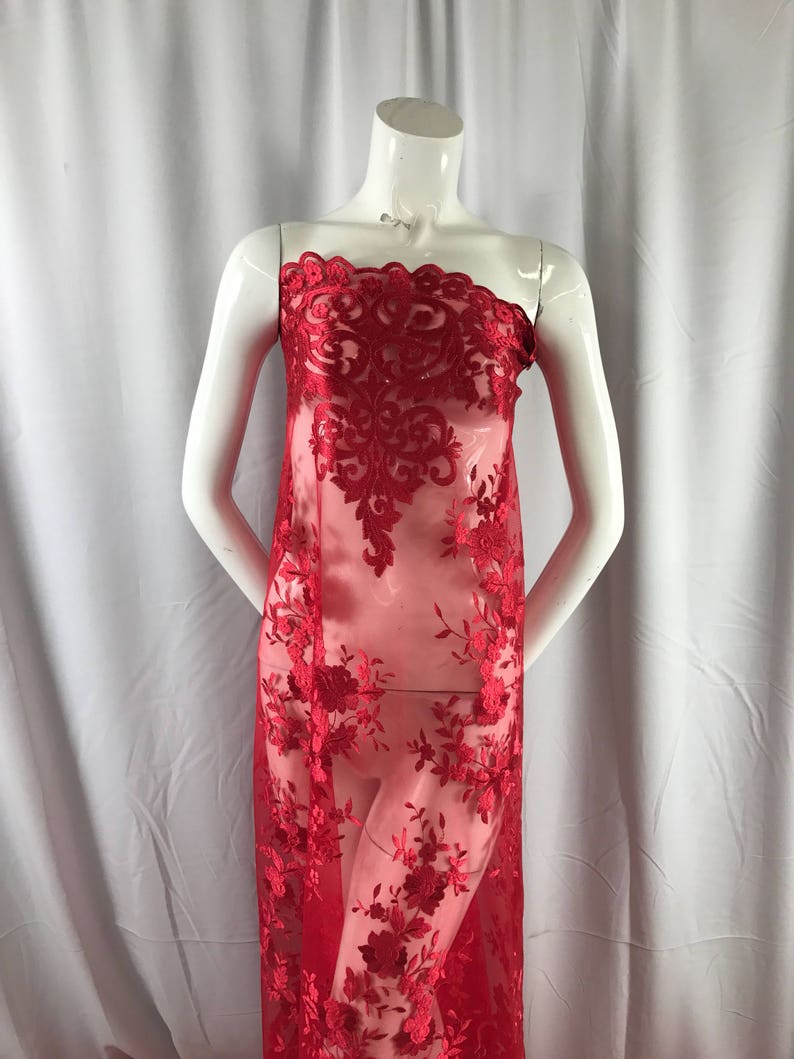 Red flowers enbroider on a 2 way stretch mesh lace.weddingBridalPromNightgown fabric-apparel-fashion-dresses-Sold by the yard.