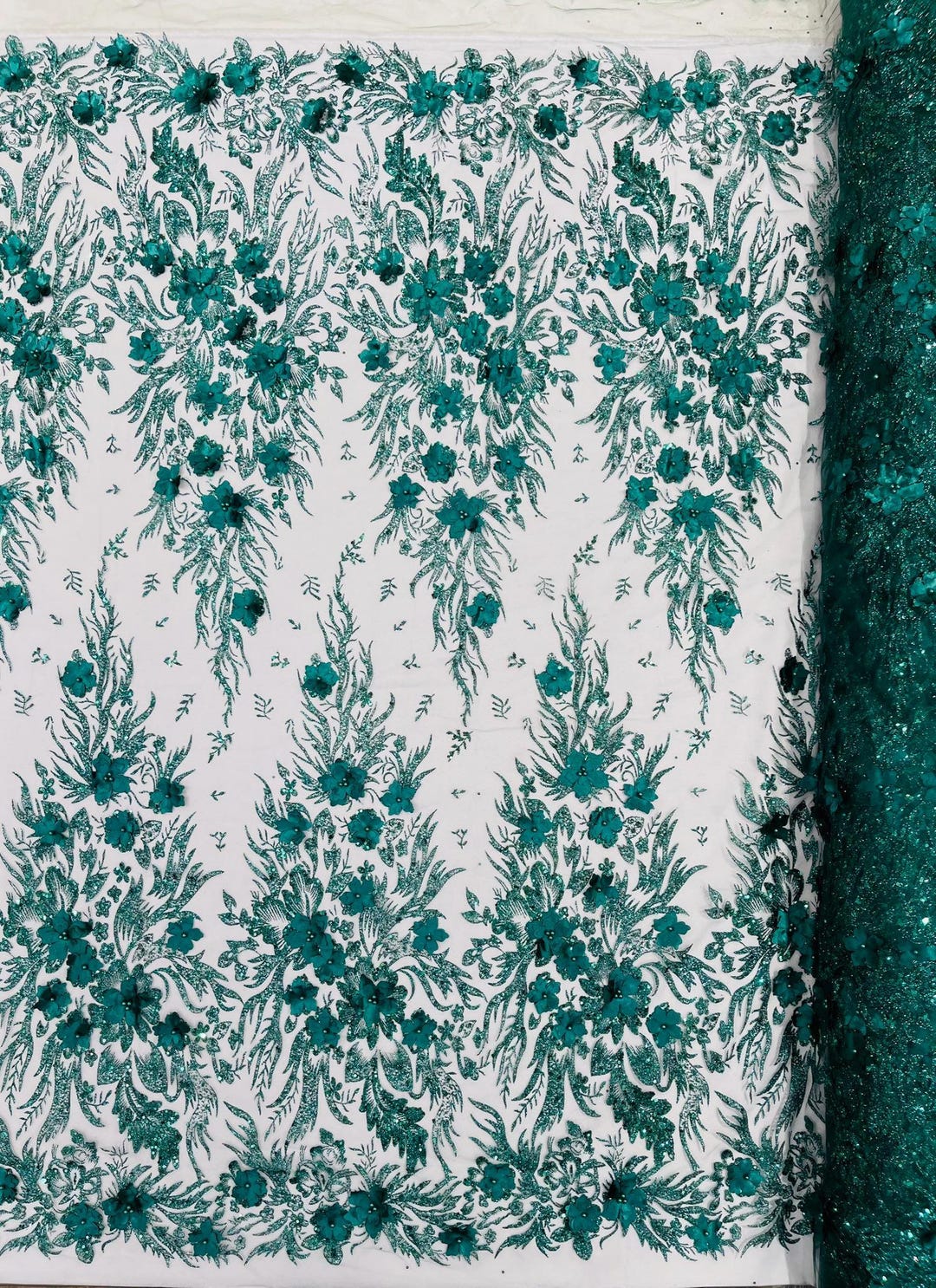 Hunter Green 3D Floral Big Glitter Damask Design on A Mesh Lace Fabric ...