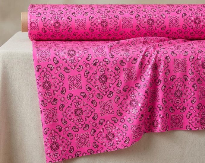 Neon Pink Metallic Bandanna Print Stretch Tricot Spandex Fabric | 4 Way Stretch Nylon Lycra | Sold By The Yard