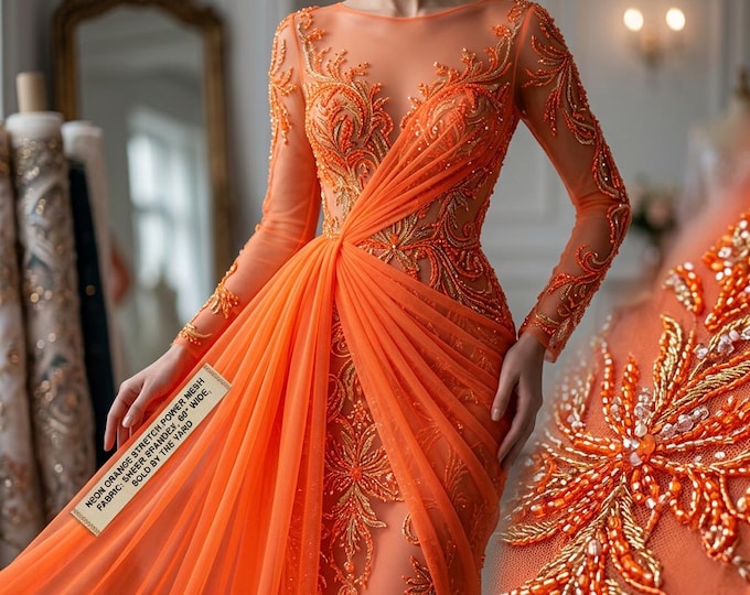 Bright Orange Stretch Mesh Fabric by Yard, Sheer Tulle Fabric, Spandex Net Fabric for Dresses, Dancewear, Festival Outfit, Sewing
