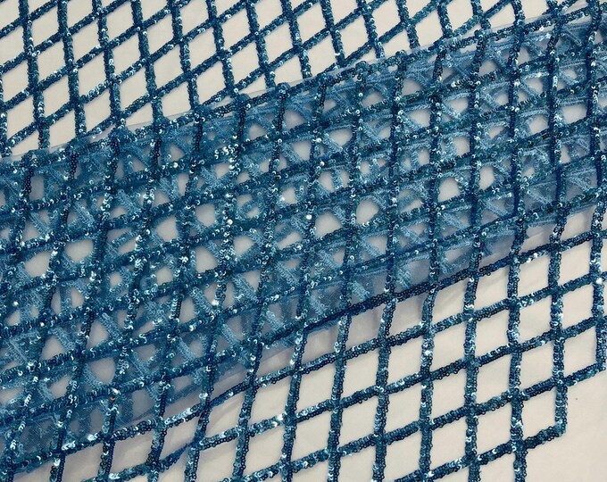 Diamond Sequin Mesh Fabric 54" Wide| Wedding & Party- Light Blue