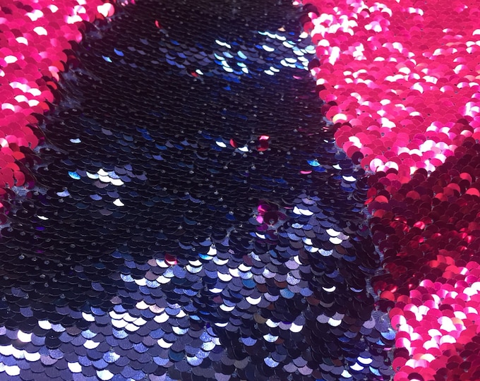Navy blue / Fuchsia shinny mermaid fish scale 2 way stretch flip flop fabric-dresses-prom-nightgown-decorations-sold by the yard.