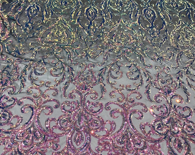 Rainbow iridescent shiny sequin damask design on a black 4 way stretch mesh-prom- sold by the yard.