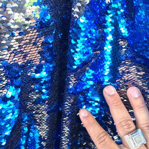 Royal blue-silver shiny flip sequins-mermaid fish scales embroider on a 2 way stretch spandex-dresses-fashion-apparel-pillows-sold by yard.