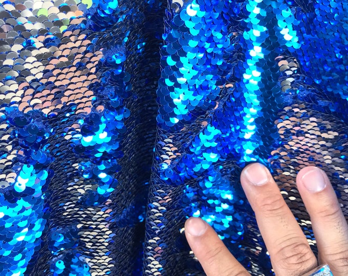 Royal blue-silver shiny flip sequins-mermaid fish scales embroider on a 2 way stretch spandex-dresses-fashion-apparel-pillows-sold by yard.