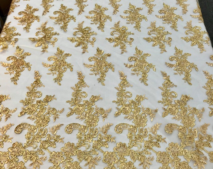 Metallic gold floral design embroidery on a mesh lace with sequins and cord-dresses-fashion-apparel-prom-nightgown-sold by the yard-