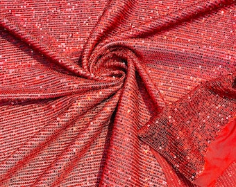 Red chain shiny sequins design on a 4 way stretch mesh fabric -prom-sold by the yard.