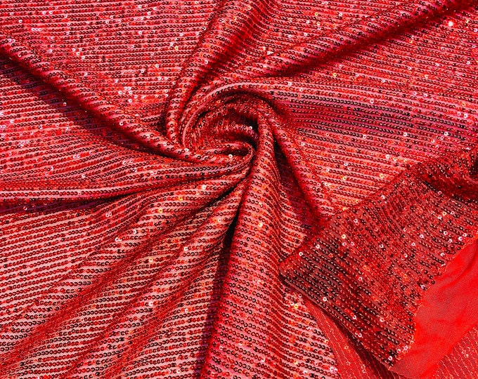 Red chain shiny sequins design on a 4 way stretch mesh fabric -prom-sold by the yard.