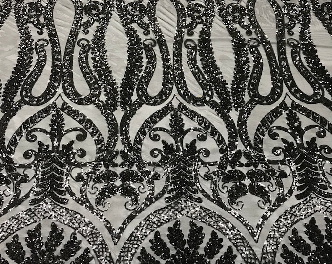 Black diva design embroider with shiny sequins on a 4 way Stretch power mesh-dresses-fashion-apparel-prom-nightgown-sold by the yard.