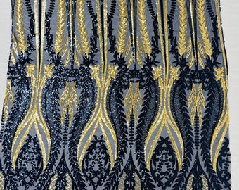 Navy blue/gold Two tone damask design with sequins embroider on a 4 way stretch mesh fabric-sold by the yard.