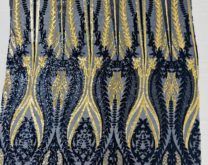 Navy blue/gold Two tone damask design with sequins embroider on a 4 way stretch mesh fabric-sold by the yard.