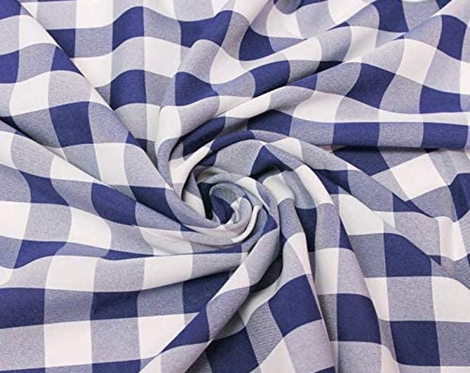 Navy Blue & White, 60" Wide 100% Polyester 1" Poplin Gingham Checkered Plaid Fabric.