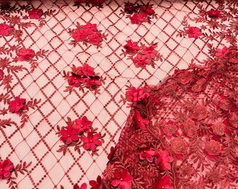 Burgundy Lia 3d floral design embroider with pearls in a mesh lace-dresses-fashion-decorations-prom-nightgown-sold by the yard.