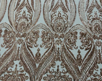 Champagne empire damask design with sequins embroider on a 4 way stretch mesh fabric-sold by the yard.