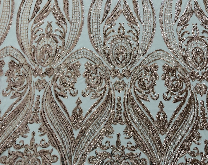 Champagne empire damask design with sequins embroider on a 4 way stretch mesh fabric-sold by the yard.