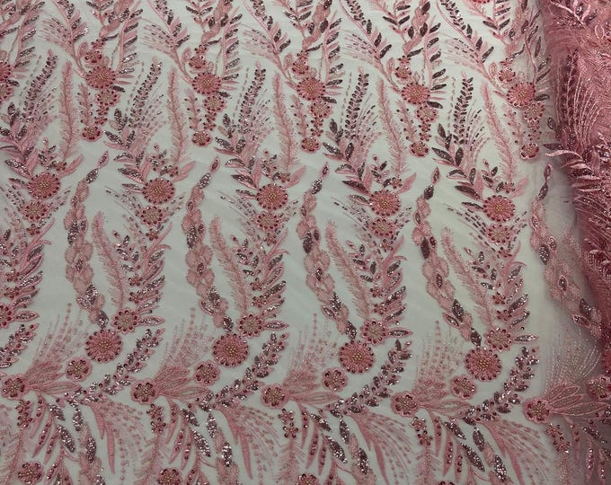 Pink - Feather and Vine Beaded Lace Fabric, by The Yard.