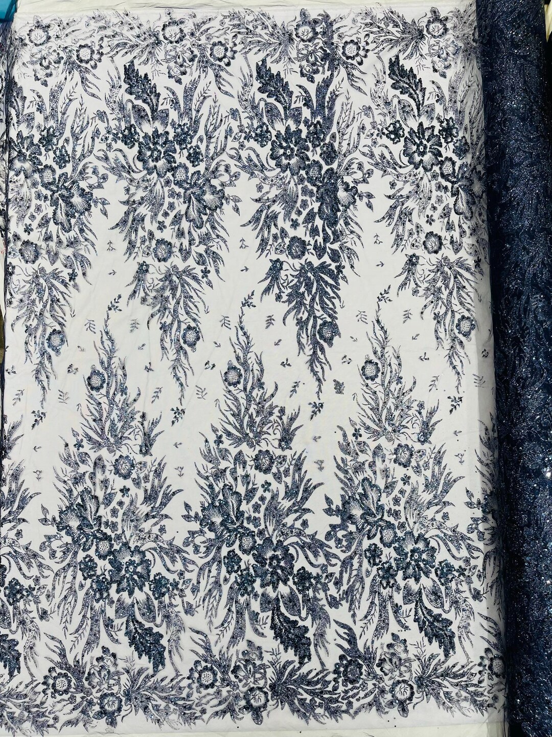 Navy Blue Big Glitter Damask Design on A Mesh Lace Fabric/prom/sold by ...