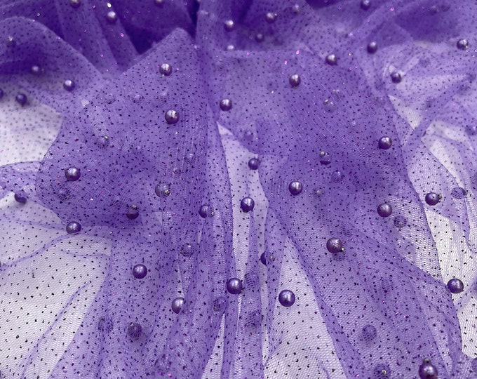 Lavender Scattered Pearls Studded with glitter Mesh, 2-Way Stretch, sold by the yard.