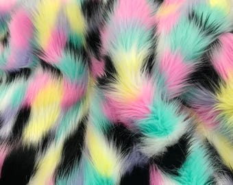 Pink tie dyed multi color jacquard faux fun fur- soper soft shaggy fur-60" wide-jackets-fashion-apparel-decorations-sold by the yard.