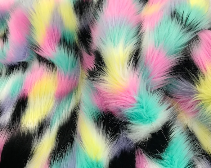 Pink tie dyed multi color jacquard faux fun fur- soper soft shaggy fur-60" wide-jackets-fashion-apparel-decorations-sold by the yard.