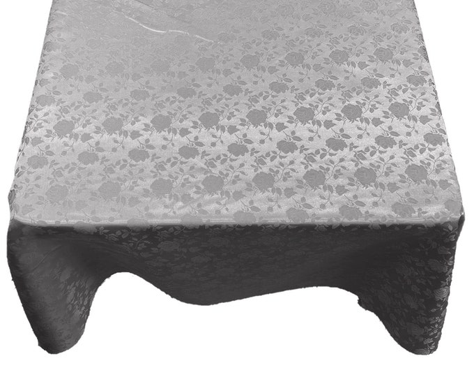 Silver Roses Jacquard Satin Rectangular Tablecloth Seamless/Party Supply.