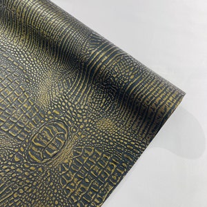 Black/Gold Two Tone Metallic Gator Fake Leather Upholstery, 3-D Crocodile Skin Texture Faux Leather PVC Vinyl/54&quot; Wides
