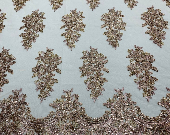 Rose gold  Floral metallic corded embroider with sequins on a nude mesh lace fabric-prom-sold by the yard.